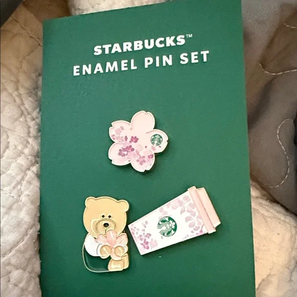 Starbucks Pink Cherry Blossom and Bear Enamel Pin Trio - Picture 1 of 1
